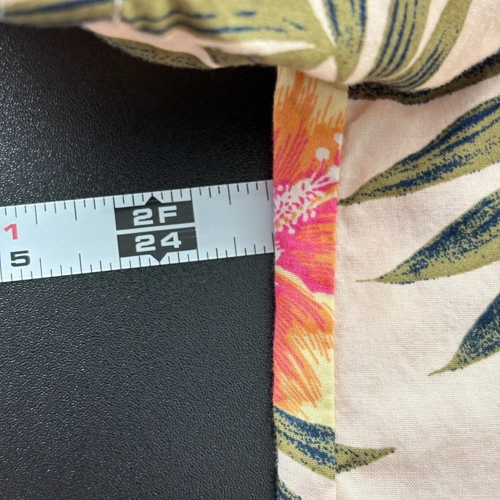 Lands' End Women Top L Peach Pink‎ Tropical Hibiscus Floral Short Sleeve Cotton